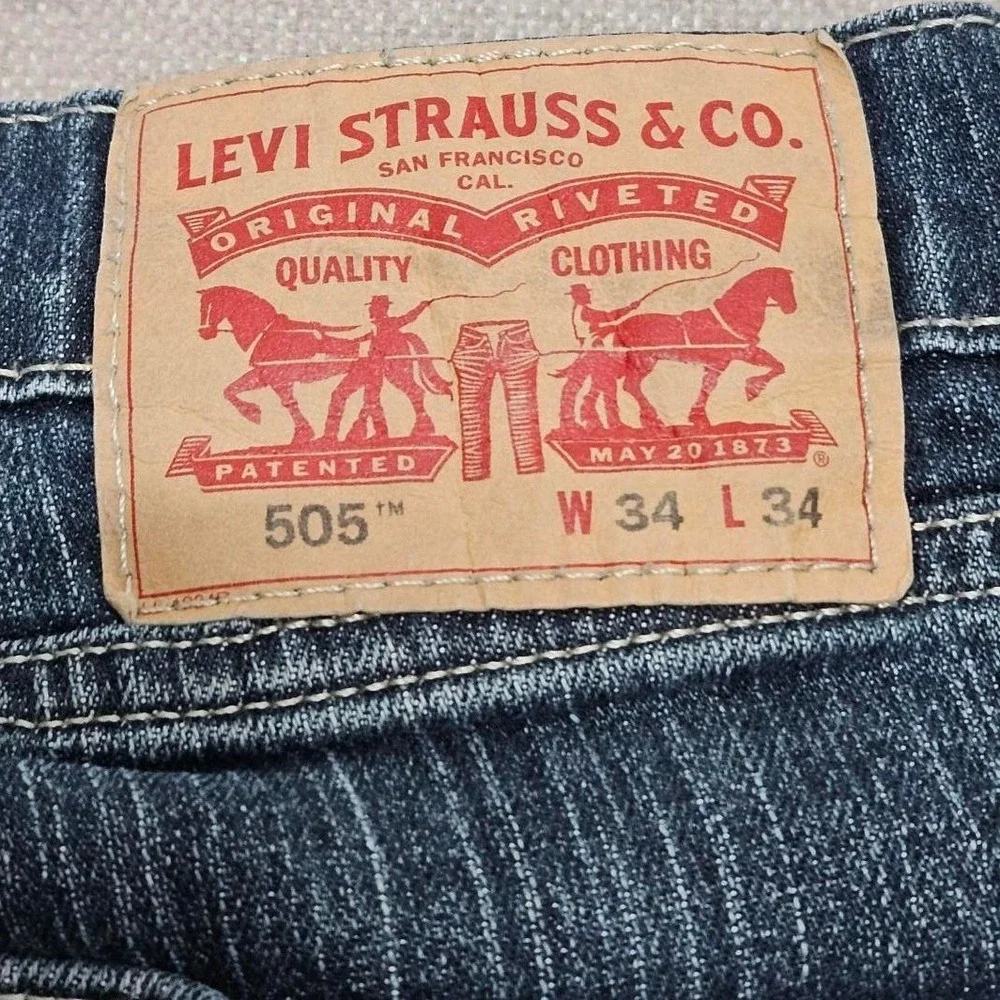 Levis 505 Regular Fit Straight Leg Jeans Blue Slub Denim Mens 34x31 Cut Off Hem*